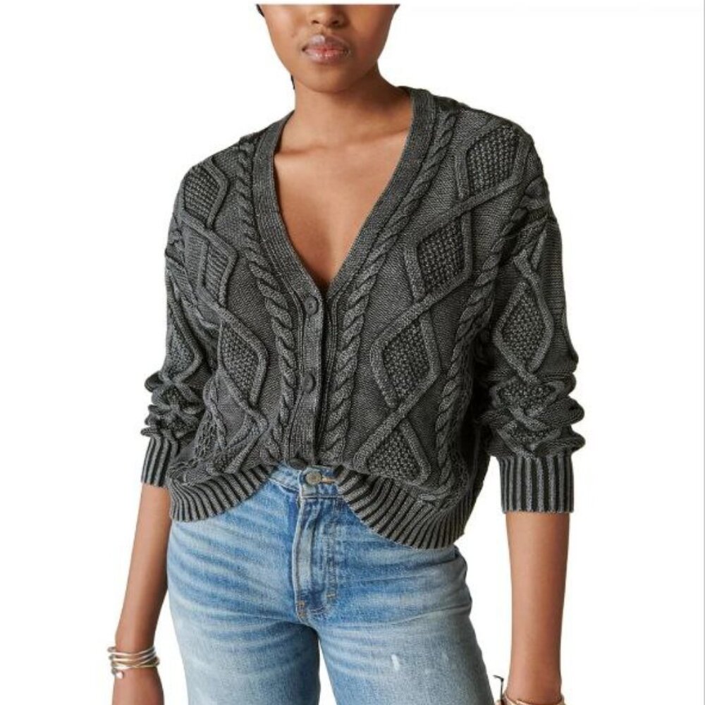 $99 Lucky Brand Women's Cable-Stitch Long-Sleeve Cardigan Dark Black Size XL